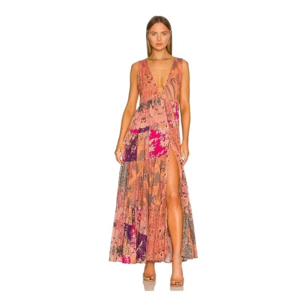 Mes Demoiselles Bonnie Floral Maxi Dress Deep V Boho Multicolor 38